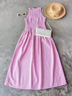 Zara Pink Sleeveless Smocked Drop Waist Gingham Midi Maxi Dress medium